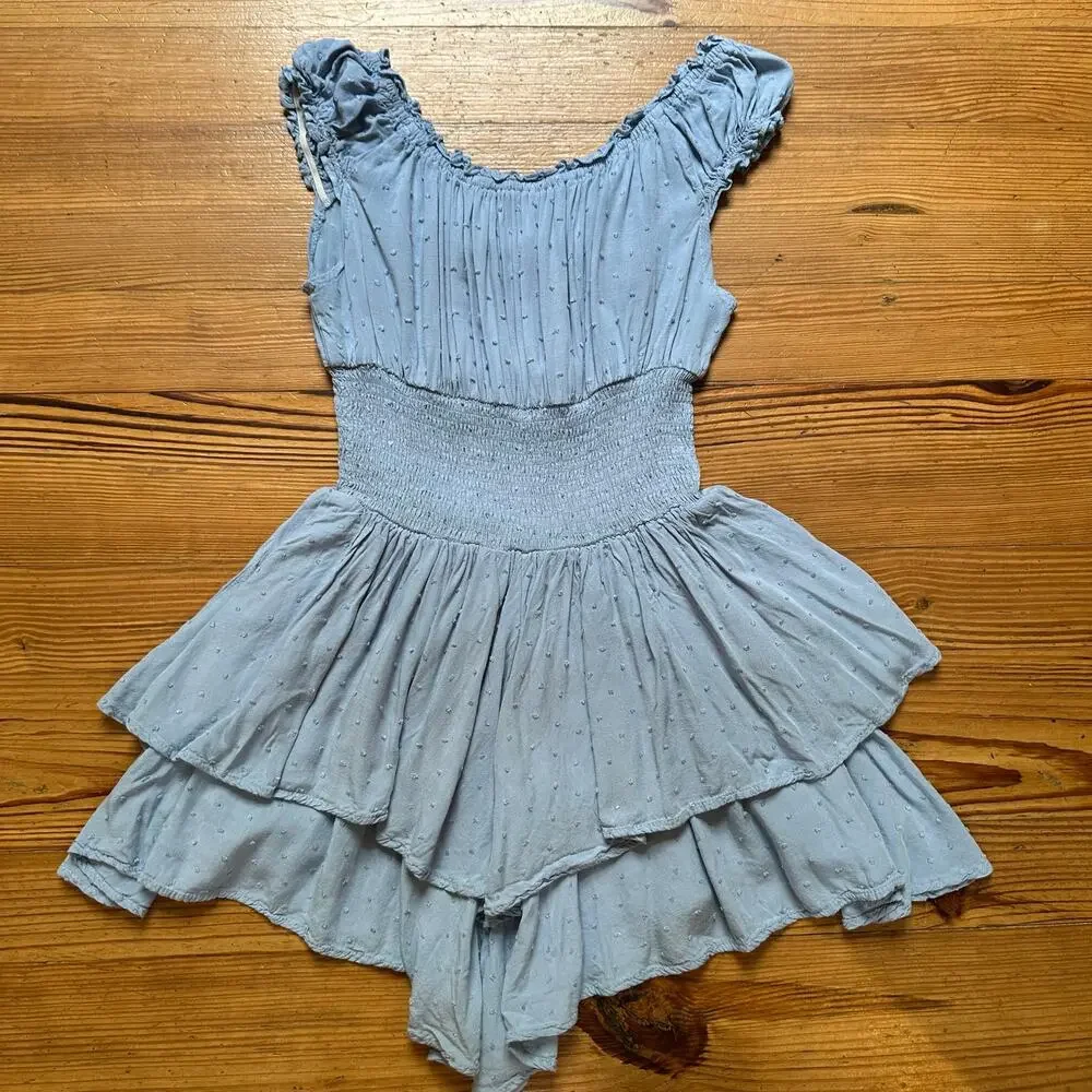 Princess Polly light blue smocked cap‎ sleeve babydoll top romper SIZE 4